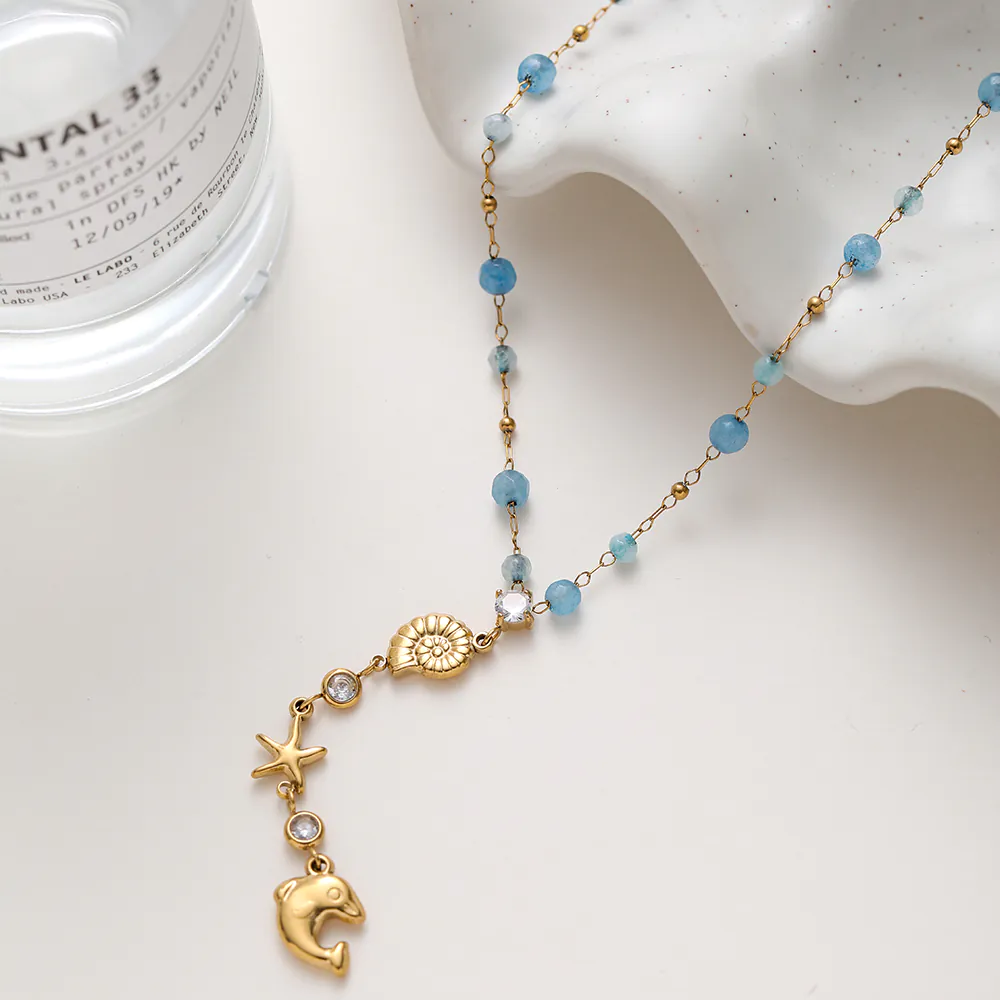 18K Gold Plated Stainless Steel Ocean Y Necklace Conch Dolphin Zircon Natural Stone Pendant Necklace For Women - Image 2