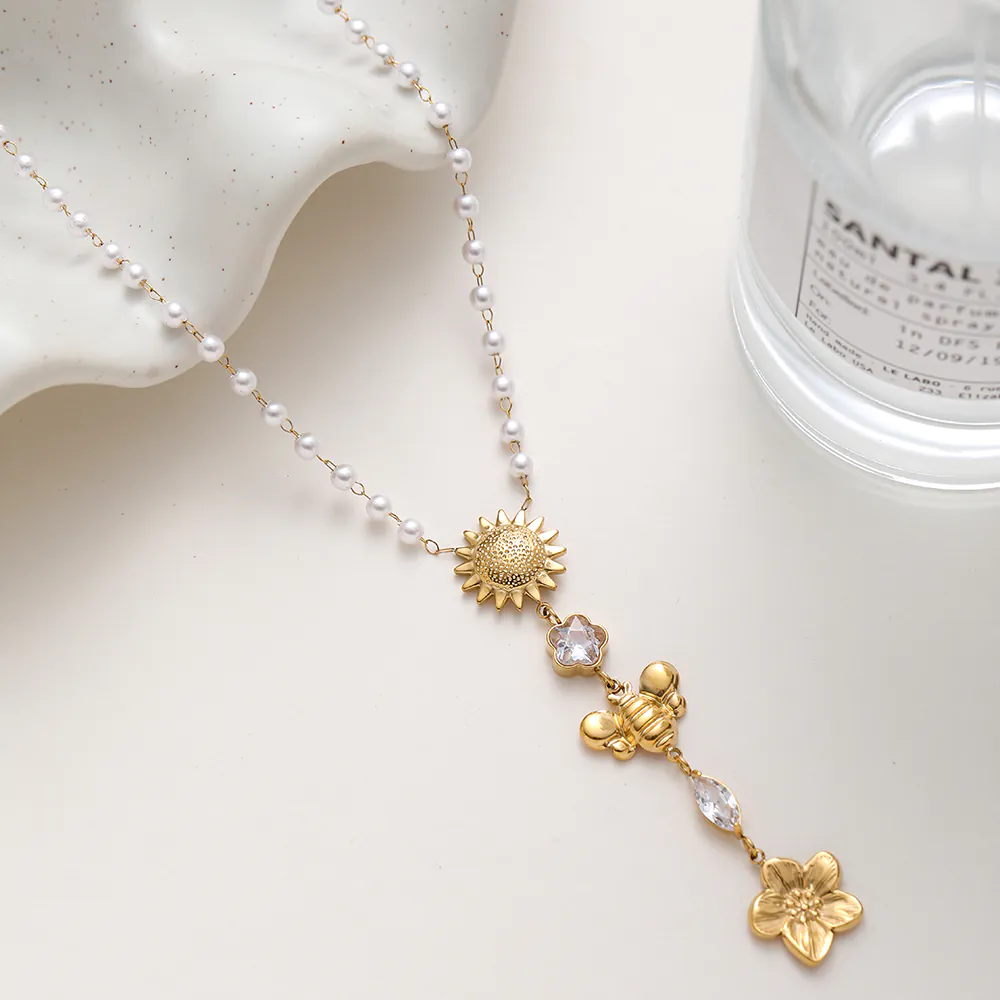 18K Gold Plated Floral Zirconia Pendant Faux Pearl Stainless Steel Necklace Dainty Chain Jewelry for Women Waterproof Gift - Image 2