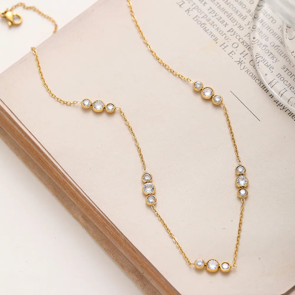 18K Gold Plated Stainless Steel Round Zircon Spliced Pendant Necklace Minimalist Dainty Clavicle Chain for Women - Image 2