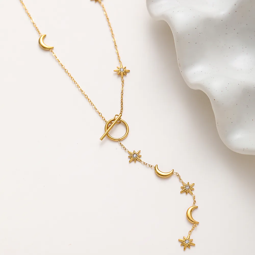 18K Gold-Plated Waterproof Stainless Steel Necklace, Star & Moon Pendant with Inlaid Crystals, OT Clasp Women Neck Chain - Image 3