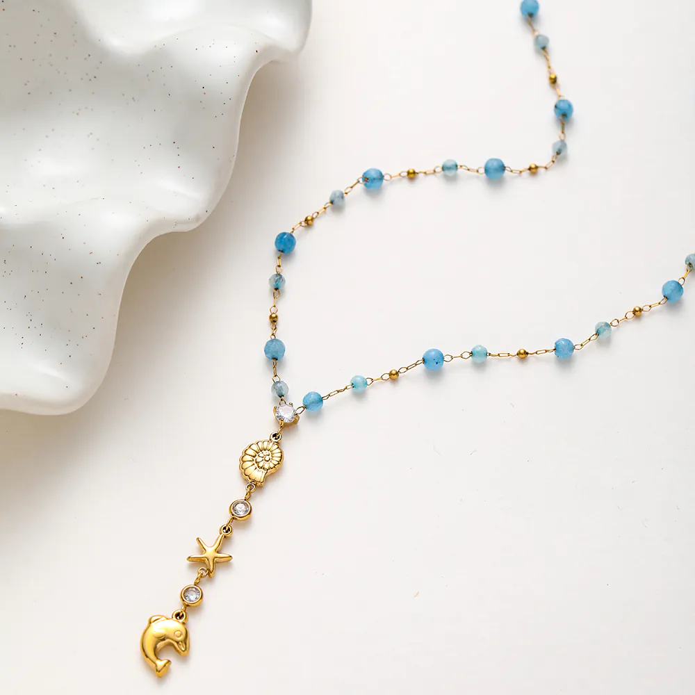 18K Gold Plated Stainless Steel Ocean Y Necklace Conch Dolphin Zircon Natural Stone Pendant Necklace For Women - Image 4