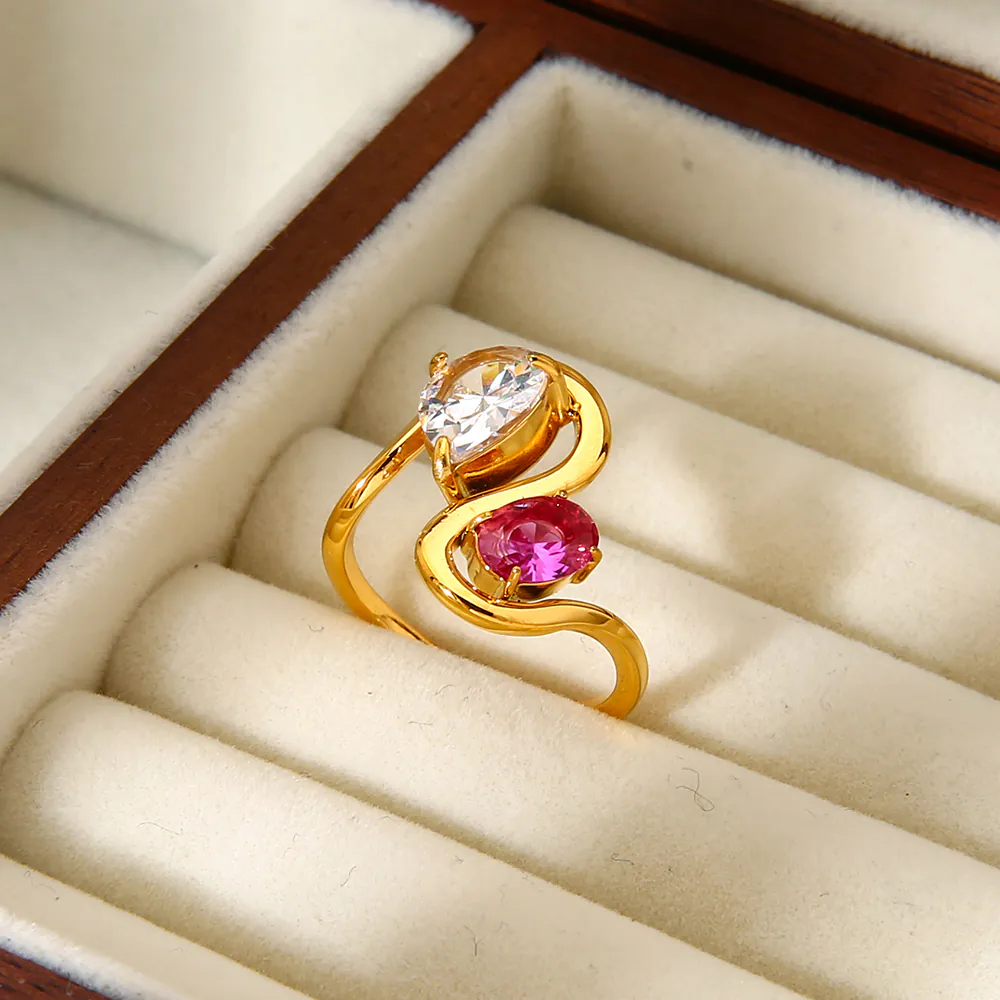 18K Gold-Plated Stainless Steel Ring, Oval Water Drop Clear Purple Cubic Zirconia Band, Dainty Finger Jewelry for Women - Image 2