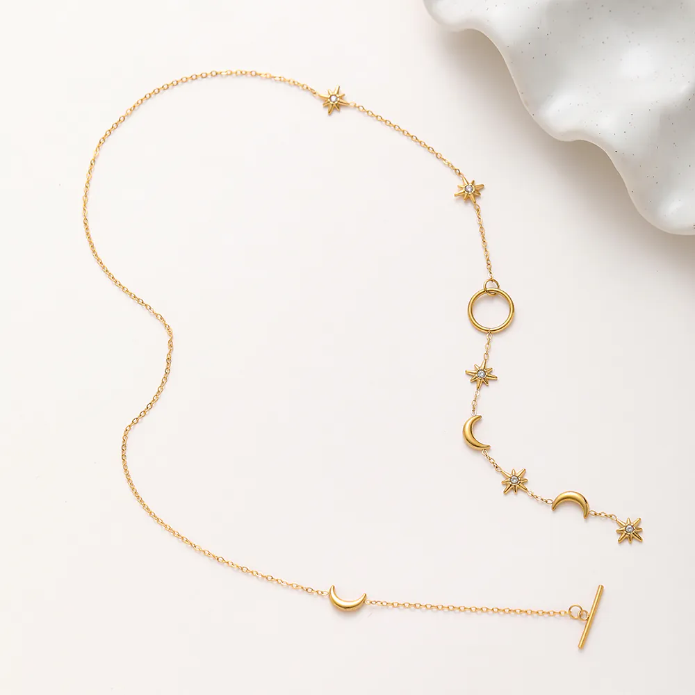 18K Gold-Plated Waterproof Stainless Steel Necklace, Star & Moon Pendant with Inlaid Crystals, OT Clasp Women Neck Chain - Image 4