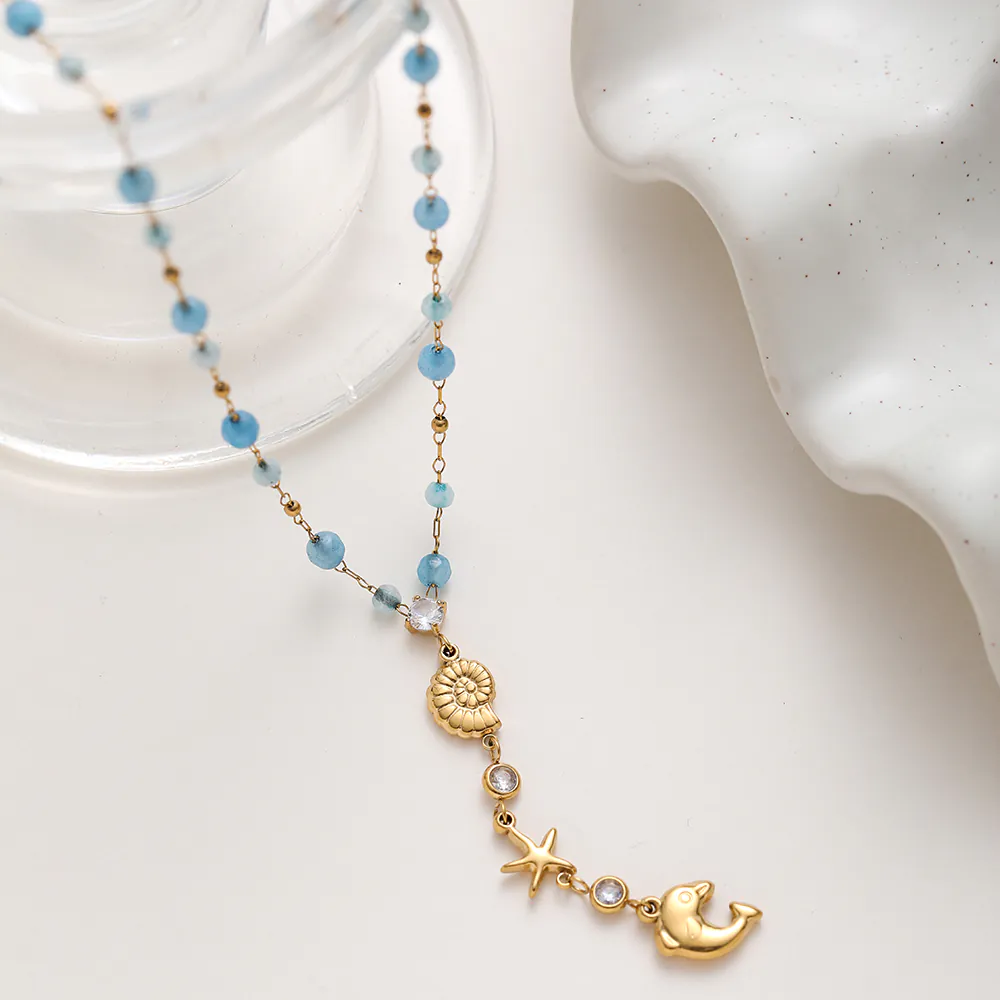 18K Gold Plated Stainless Steel Ocean Y Necklace Conch Dolphin Zircon Natural Stone Pendant Necklace For Women - Image 5