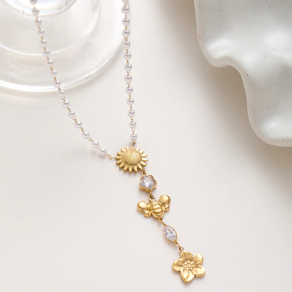 18K Gold Plated Floral Zirconia Pendant Faux Pearl Stainless Steel Necklace Dainty Chain Jewelry for Women Waterproof Gift - Image 5
