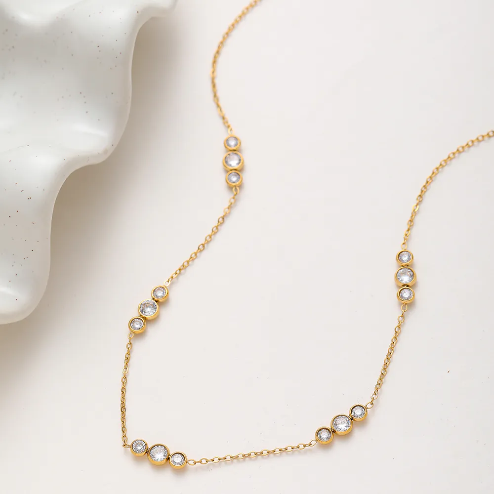 18K Gold Plated Stainless Steel Round Zircon Spliced Pendant Necklace Minimalist Dainty Clavicle Chain for Women - Image 5