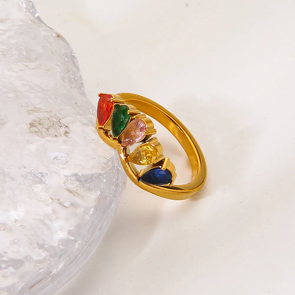 18K Gold Plated Waterproof Stainless Steel Ring, Unique Ins-Style Teardrop Rainbow Zircon Band Dainty Finger Jewelry - Image 4