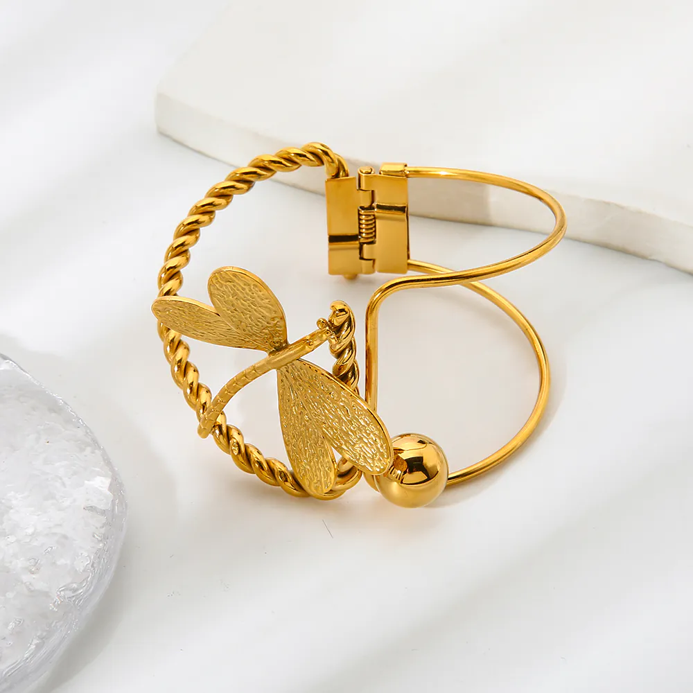 18K Gold-Plated Waterproof Stainless Steel Bangle, Irregular Hollow Dragonfly Bracelet Elegant Niche Jewelry for Women - Image 6
