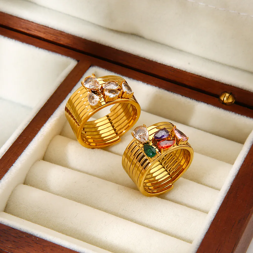 18K Gold Plated Waterproof Stainless Steel Pear Water Drop Zircon Ring Minimalist Women Statement Ring - Image 2