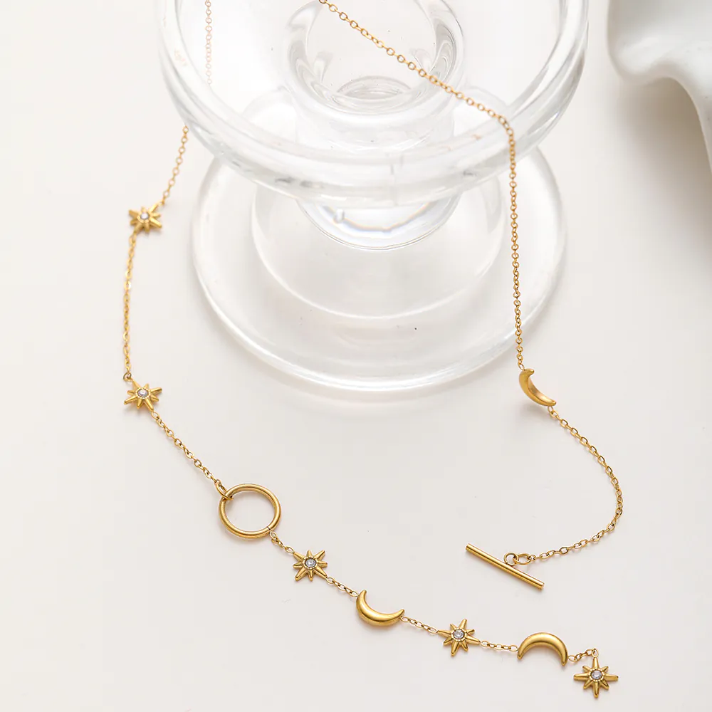 18K Gold-Plated Waterproof Stainless Steel Necklace, Star & Moon Pendant with Inlaid Crystals, OT Clasp Women Neck Chain - Image 5