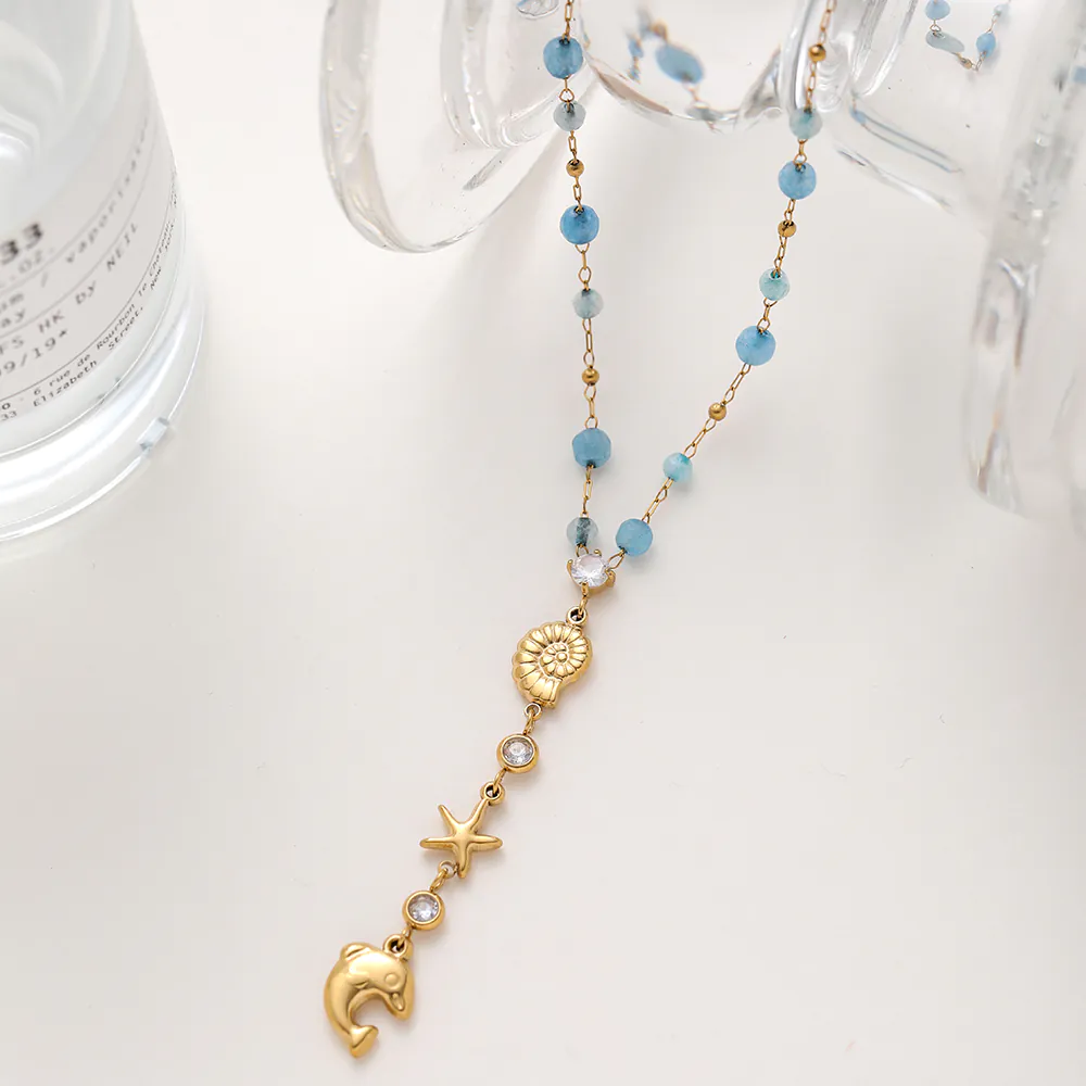 18K Gold Plated Stainless Steel Ocean Y Necklace Conch Dolphin Zircon Natural Stone Pendant Necklace For Women - Image 6