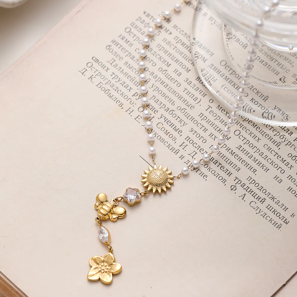 18K Gold Plated Floral Zirconia Pendant Faux Pearl Stainless Steel Necklace Dainty Chain Jewelry for Women Waterproof Gift - Image 6