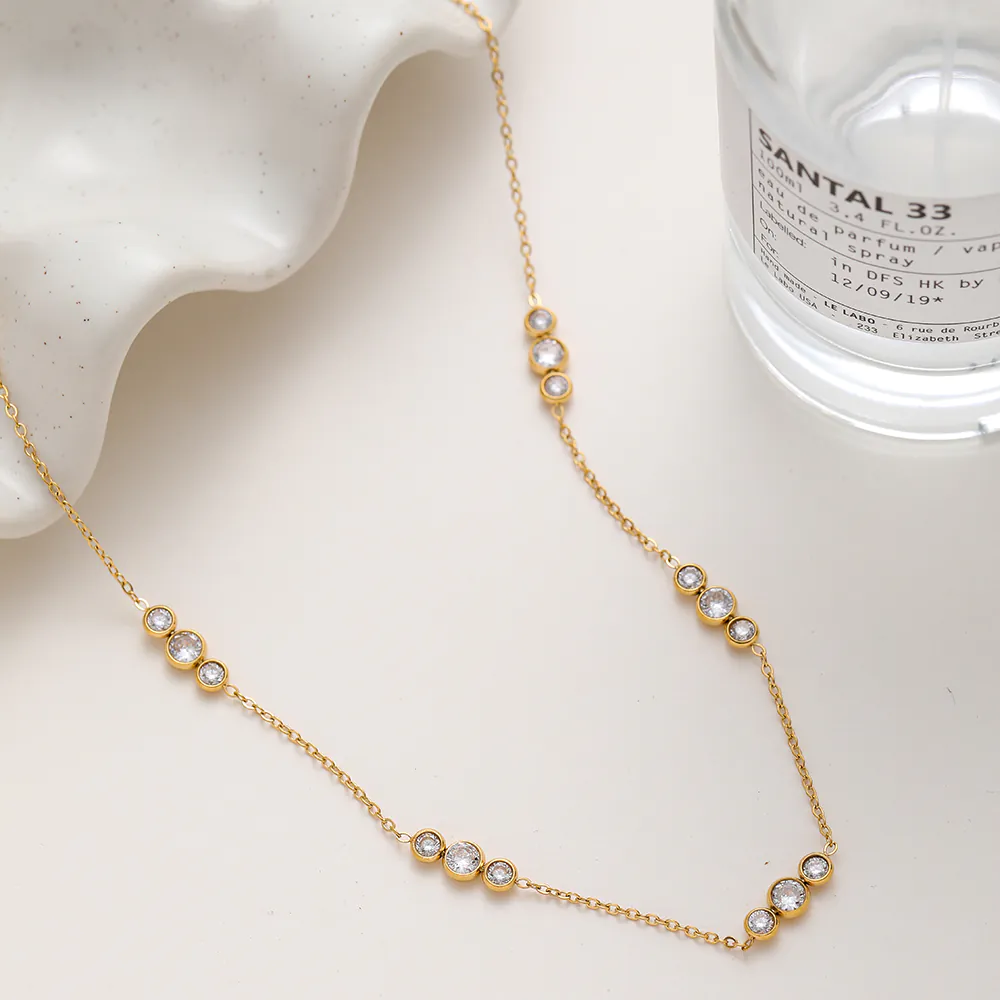 18K Gold Plated Stainless Steel Round Zircon Spliced Pendant Necklace Minimalist Dainty Clavicle Chain for Women - Image 6