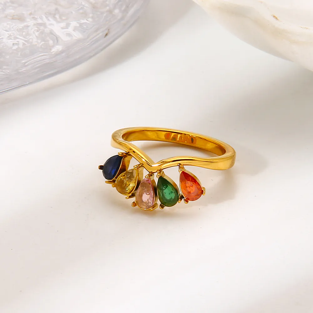 18K Gold Plated Waterproof Stainless Steel Ring, Unique Ins-Style Teardrop Rainbow Zircon Band Dainty Finger Jewelry - Image 5