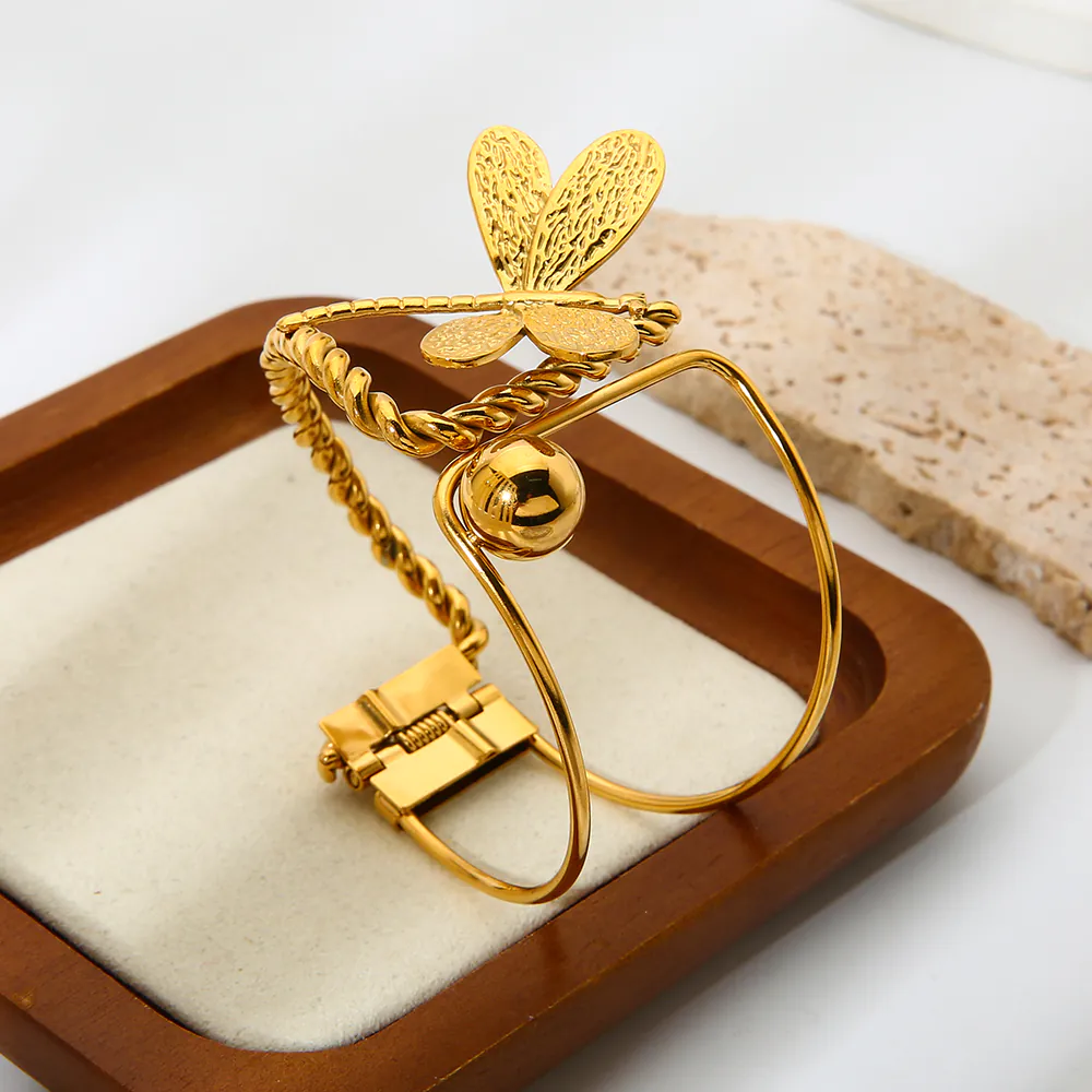 18K Gold-Plated Waterproof Stainless Steel Bangle, Irregular Hollow Dragonfly Bracelet Elegant Niche Jewelry for Women - Image 5