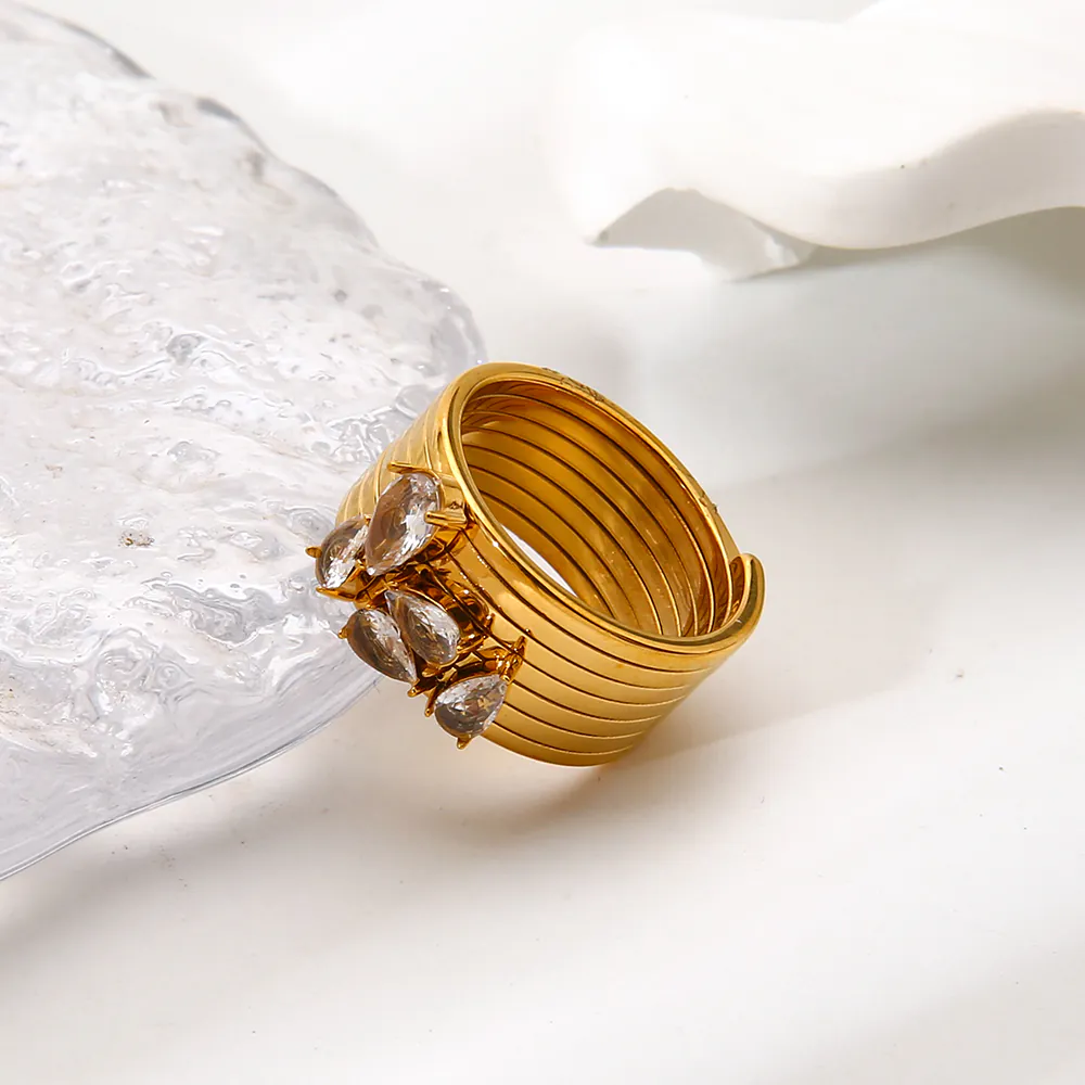 18K Gold Plated Waterproof Stainless Steel Pear Water Drop Zircon Ring Minimalist Women Statement Ring - Image 5