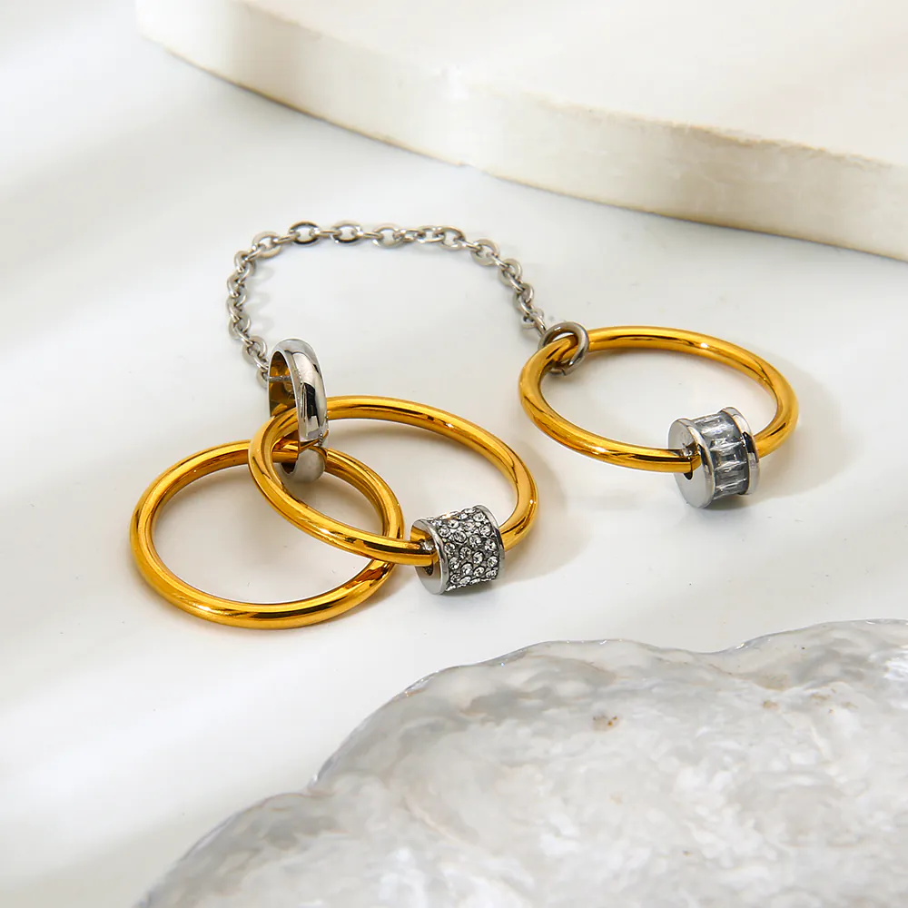 18K Gold Plated Waterproof Stainless Steel Zircon Stackable Rings Minimalist Multi-Layer Stacking Band Dainty Unique Finger Jewelry - Image 3