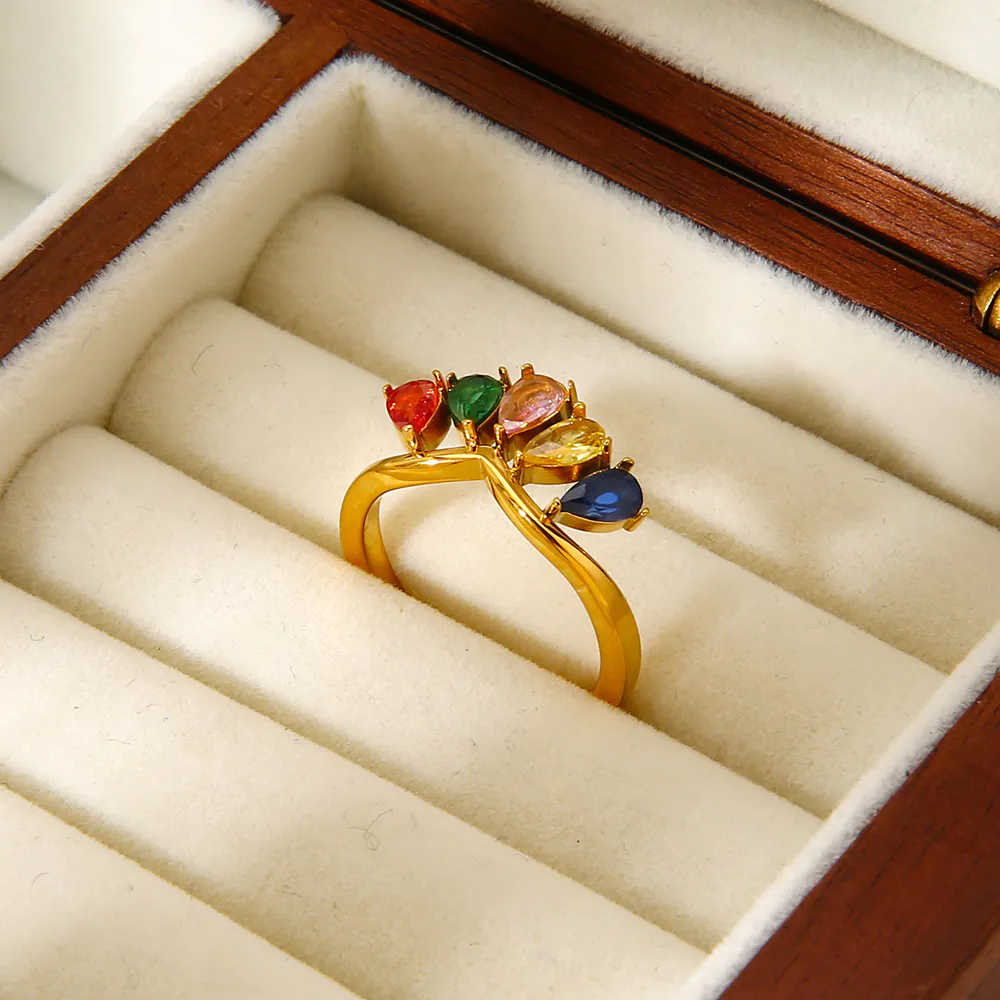 18K Gold Plated Waterproof Stainless Steel Ring, Unique Ins-Style Teardrop Rainbow Zircon Band Dainty Finger Jewelry - Image 2