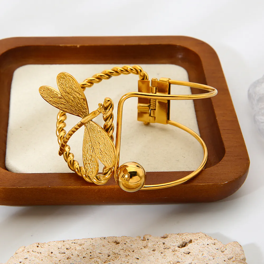 18K Gold-Plated Waterproof Stainless Steel Bangle, Irregular Hollow Dragonfly Bracelet Elegant Niche Jewelry for Women - Image 2