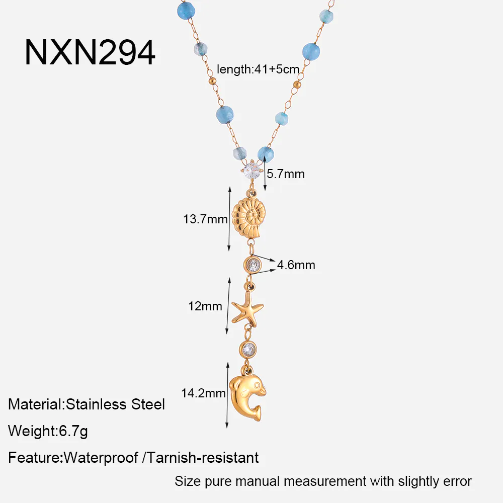 18K Gold Plated Stainless Steel Ocean Y Necklace Conch Dolphin Zircon Natural Stone Pendant Necklace For Women - Image 7