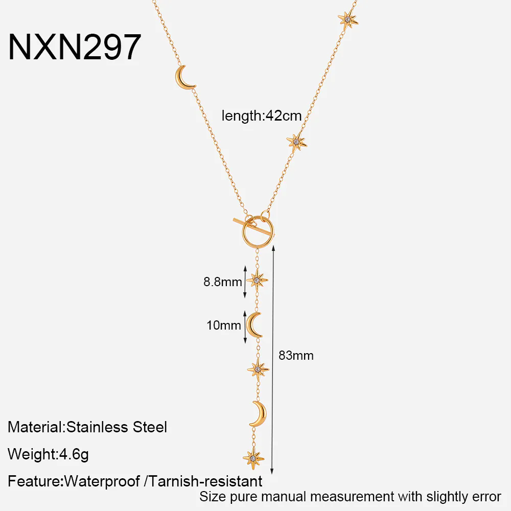 18K Gold-Plated Waterproof Stainless Steel Necklace, Star & Moon Pendant with Inlaid Crystals, OT Clasp Women Neck Chain - Image 7