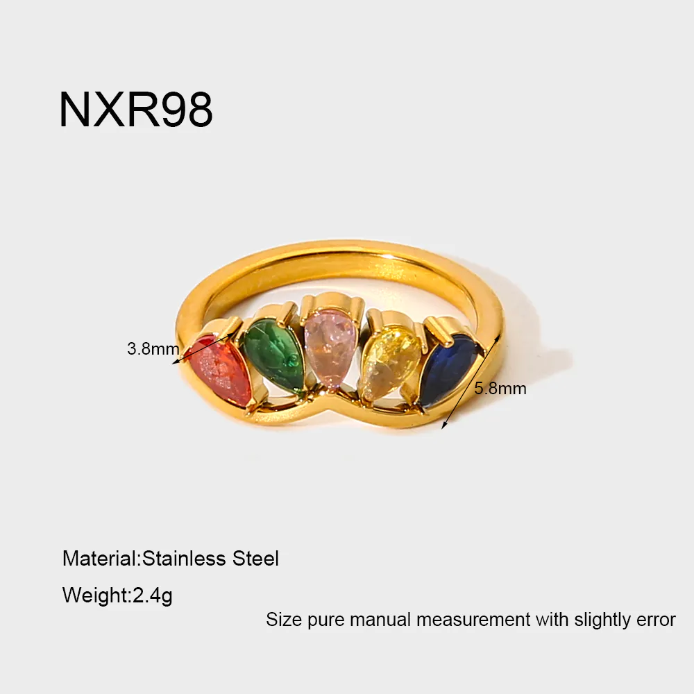 18K Gold Plated Waterproof Stainless Steel Ring, Unique Ins-Style Teardrop Rainbow Zircon Band Dainty Finger Jewelry - Image 6