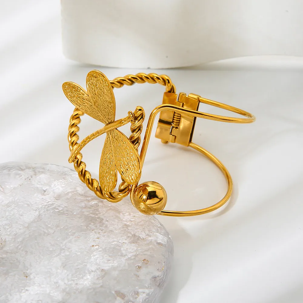 18K Gold-Plated Waterproof Stainless Steel Bangle, Irregular Hollow Dragonfly Bracelet Elegant Niche Jewelry for Women - Image 4