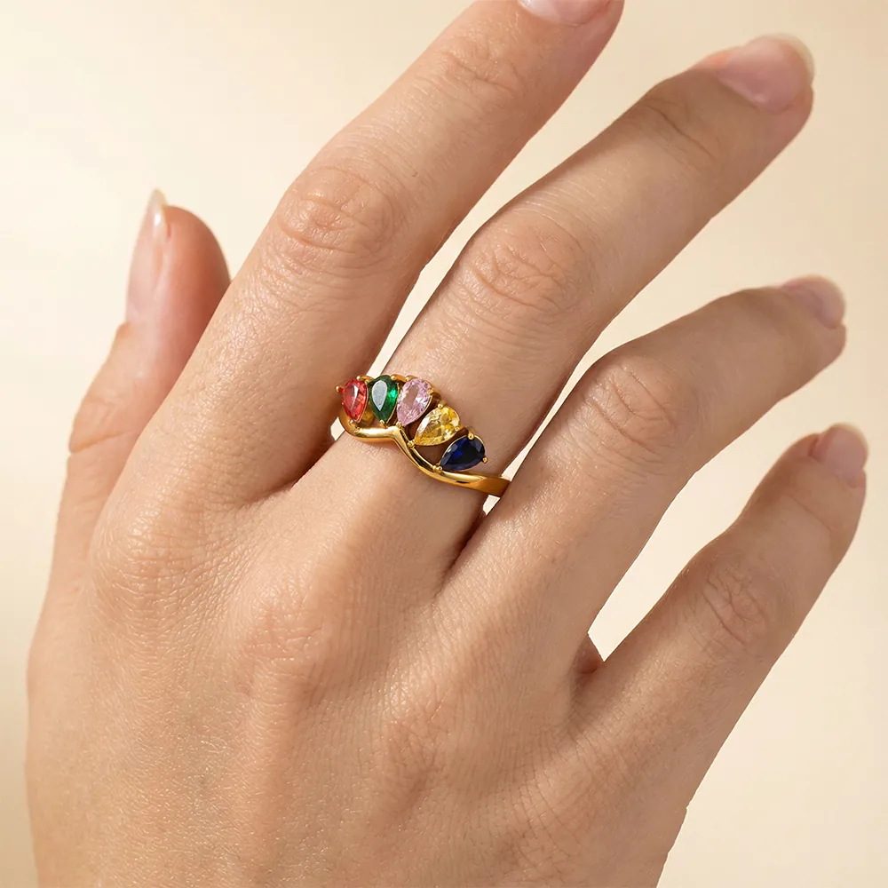18K Gold Plated Waterproof Stainless Steel Ring, Unique Ins-Style Teardrop Rainbow Zircon Band Dainty Finger Jewelry - Image 3