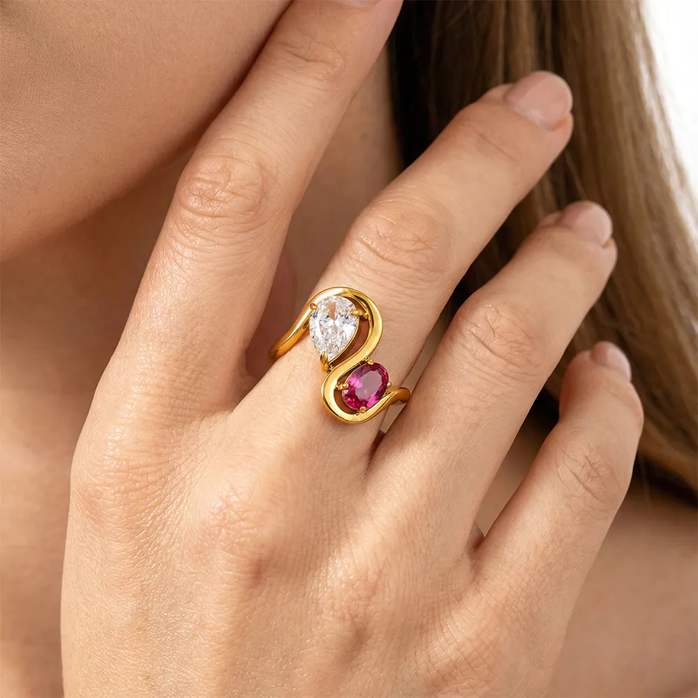 18K Gold-Plated Stainless Steel Ring, Oval Water Drop Clear Purple Cubic Zirconia Band, Dainty Finger Jewelry for Women - Image 3