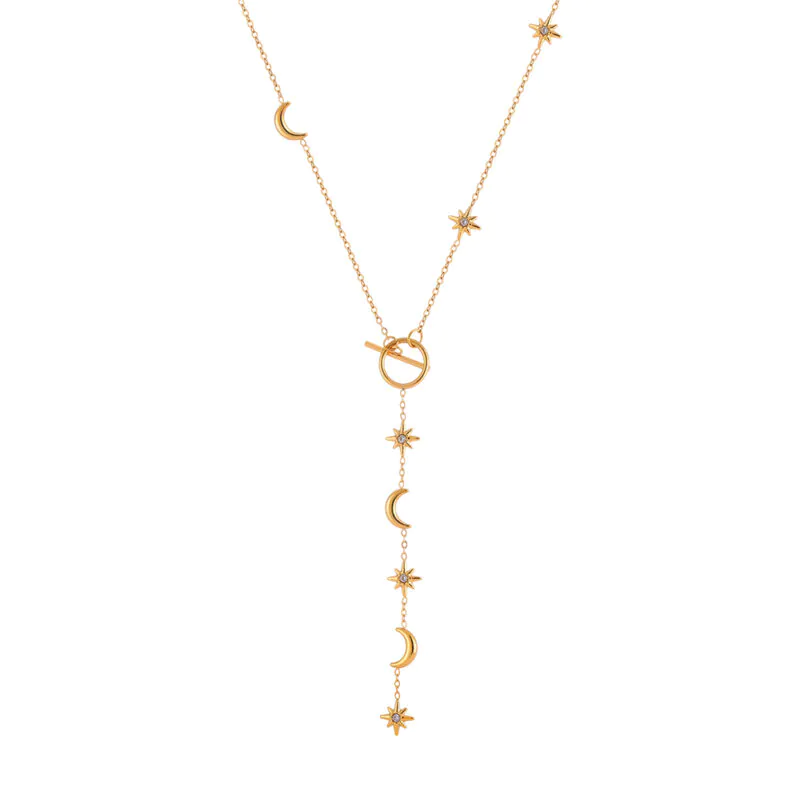 18K Gold-Plated Waterproof Stainless Steel Necklace, Star & Moon Pendant with Inlaid Crystals, OT Clasp Women Neck Chain