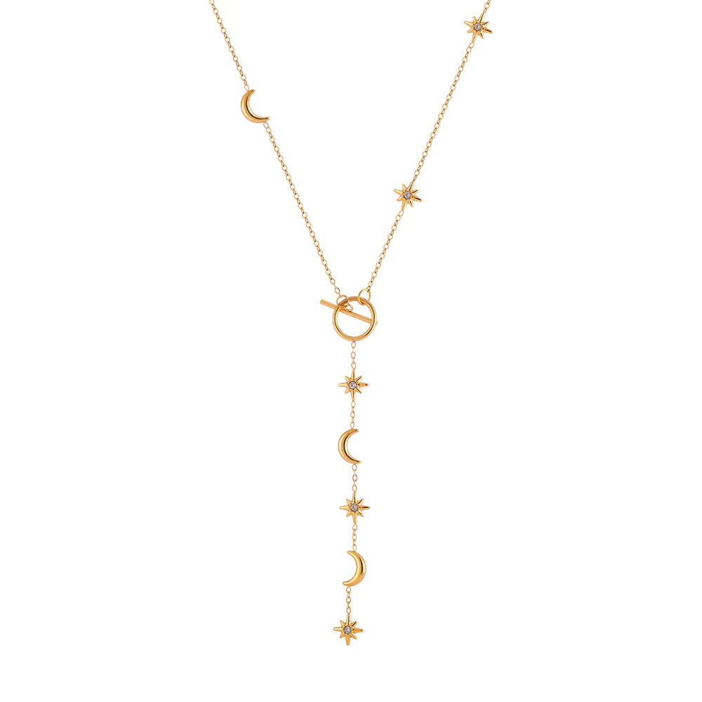18K Gold-Plated Waterproof Stainless Steel Necklace, Star & Moon Pendant with Inlaid Crystals, OT Clasp Women Neck Chain