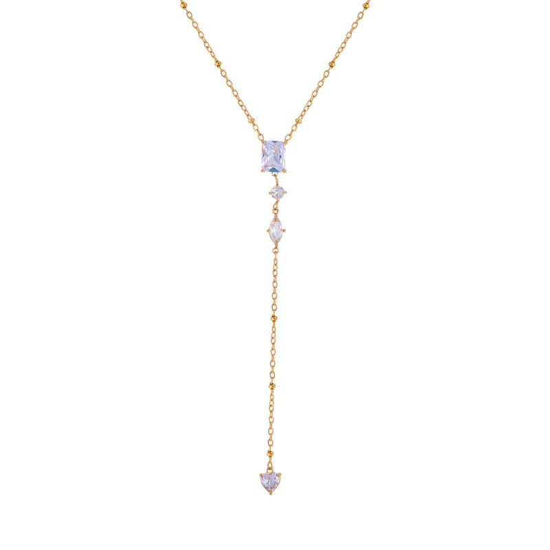 18K Gold-Plated Stainless Steel Y-Shaped Necklace, Geometric Cubic Zirconia Long Drop Pendant Fashion Neck Jewelry for Women