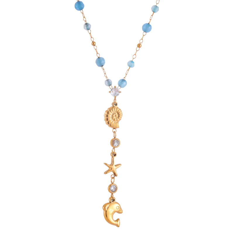 18K Gold Plated Stainless Steel Ocean Y Necklace Conch Dolphin Zircon Natural Stone Pendant Necklace For Women