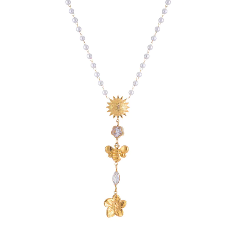 18K Gold Plated Floral Zirconia Pendant Faux Pearl Stainless Steel Necklace Dainty Chain Jewelry for Women Waterproof Gift