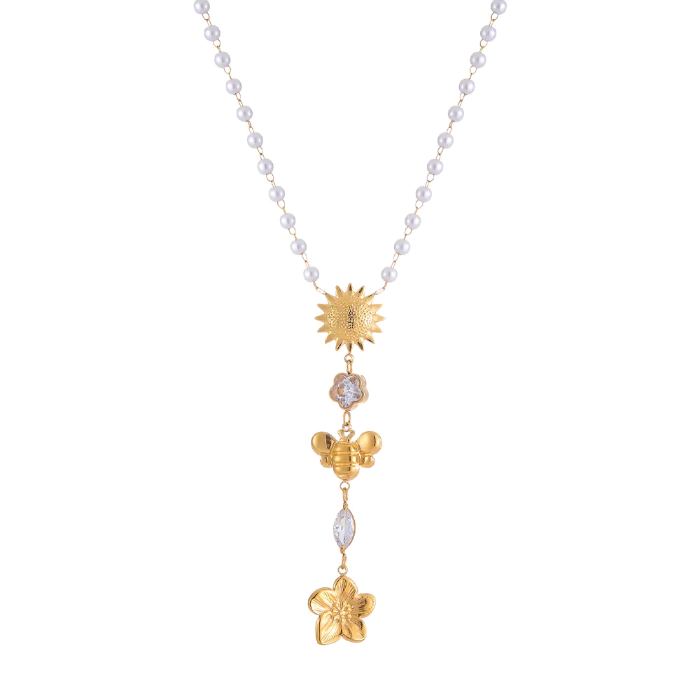 18K Gold Plated Floral Zirconia Pendant Faux Pearl Stainless Steel Necklace Dainty Chain Jewelry for Women Waterproof Gift