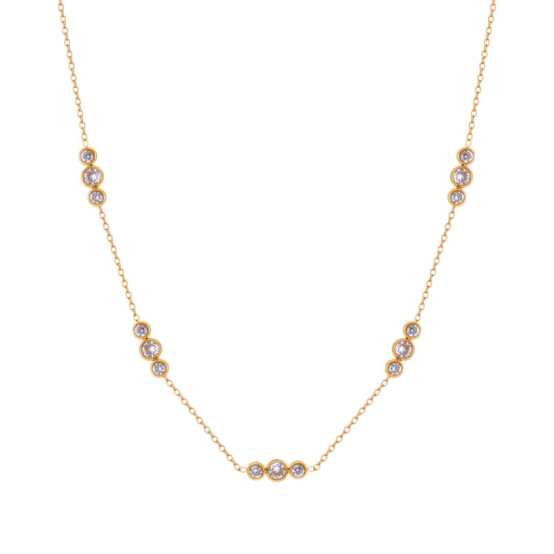 18k gold plated stainless steel round cubic zirconia spliced pendant necklace, minimalist dainty clavicle chain for women