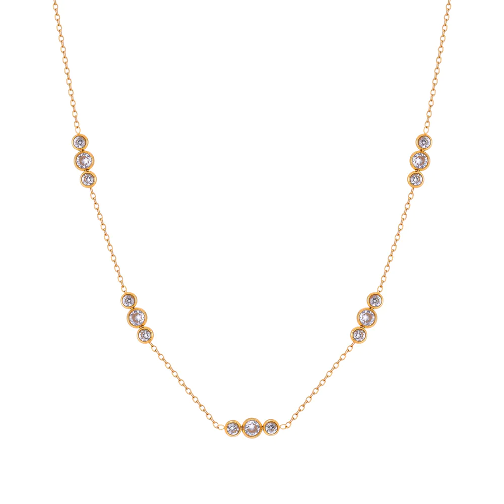 18k gold plated stainless steel round cubic zirconia spliced pendant necklace, minimalist dainty clavicle chain for women