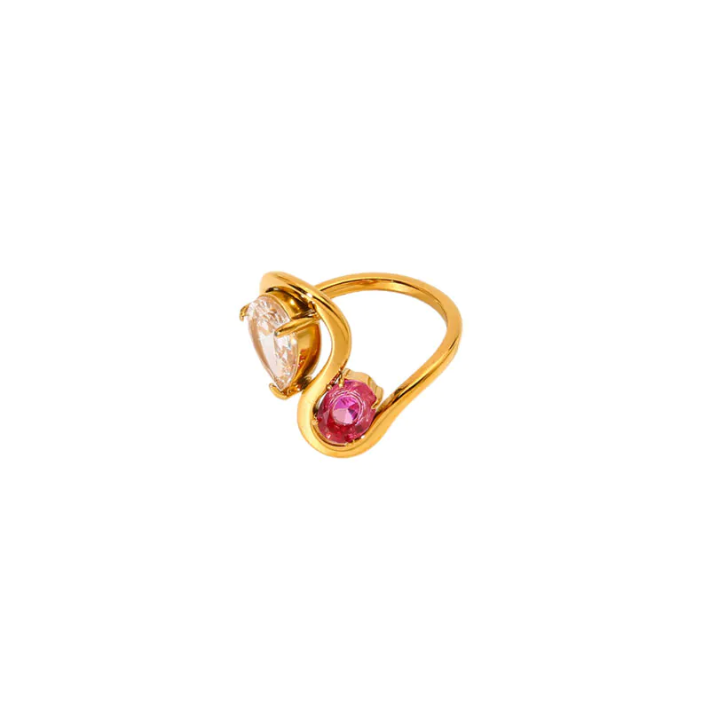 18K Gold-Plated Stainless Steel Ring, Oval Water Drop Clear Purple Cubic Zirconia Band, Dainty Finger Jewelry for Women