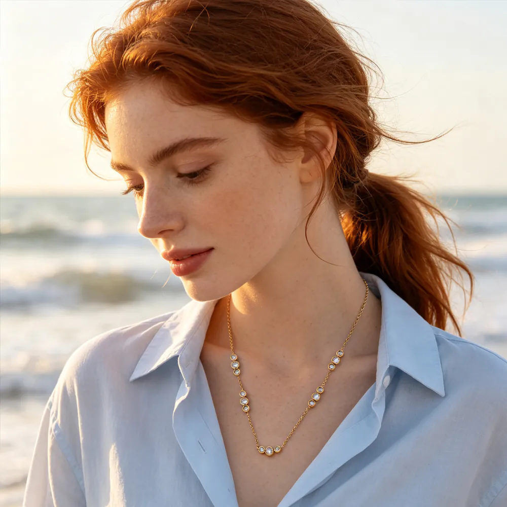 18K Gold Plated Stainless Steel Round Zircon Spliced Pendant Necklace Minimalist Dainty Clavicle Chain for Women - Image 3