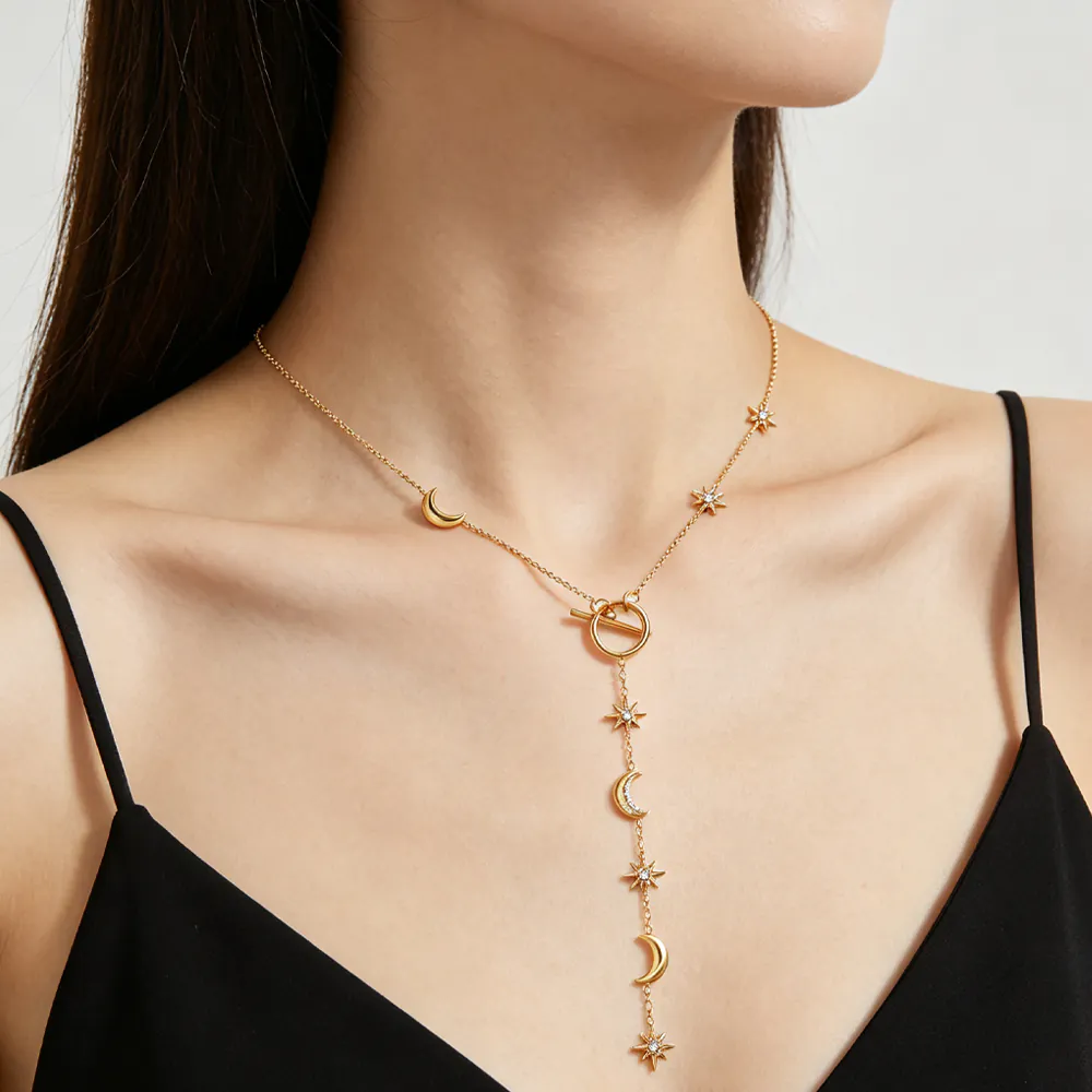 18K Gold-Plated Waterproof Stainless Steel Necklace, Star & Moon Pendant with Inlaid Crystals, OT Clasp Women Neck Chain - Image 6