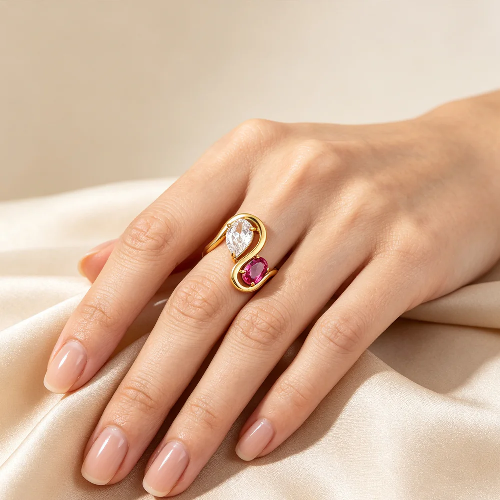 18K Gold-Plated Stainless Steel Ring, Oval Water Drop Clear Purple Cubic Zirconia Band, Dainty Finger Jewelry for Women - Image 6