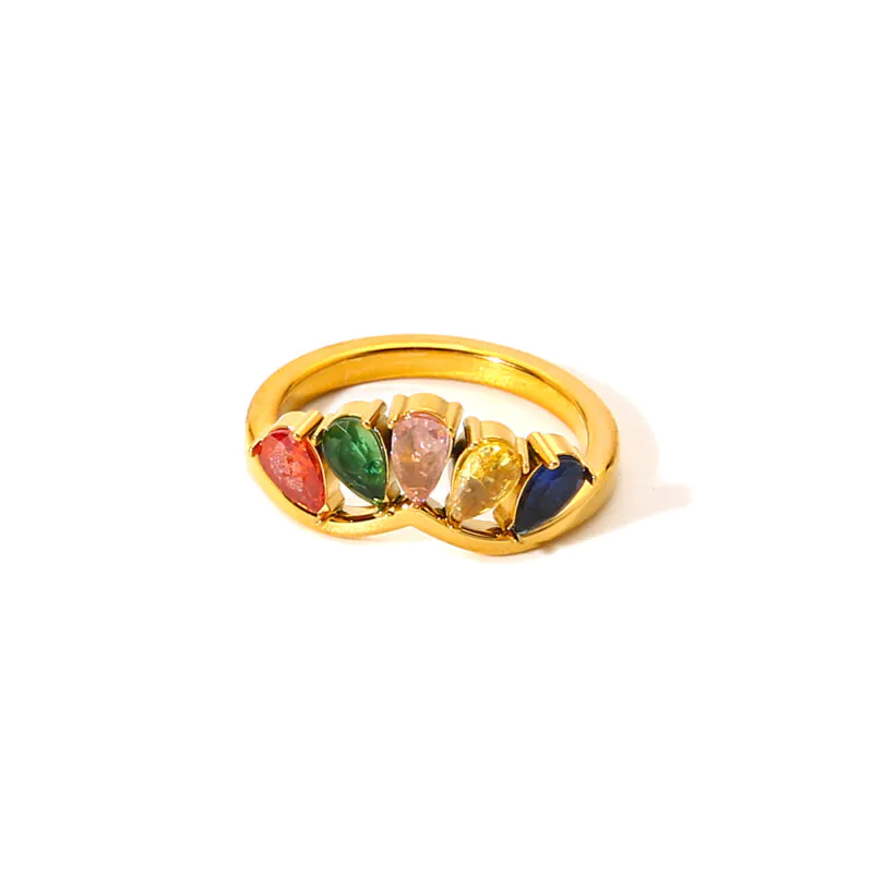 18K Gold Plated Waterproof Stainless Steel Ring, Unique Ins-Style Teardrop Rainbow Zircon Band Dainty Finger Jewelry