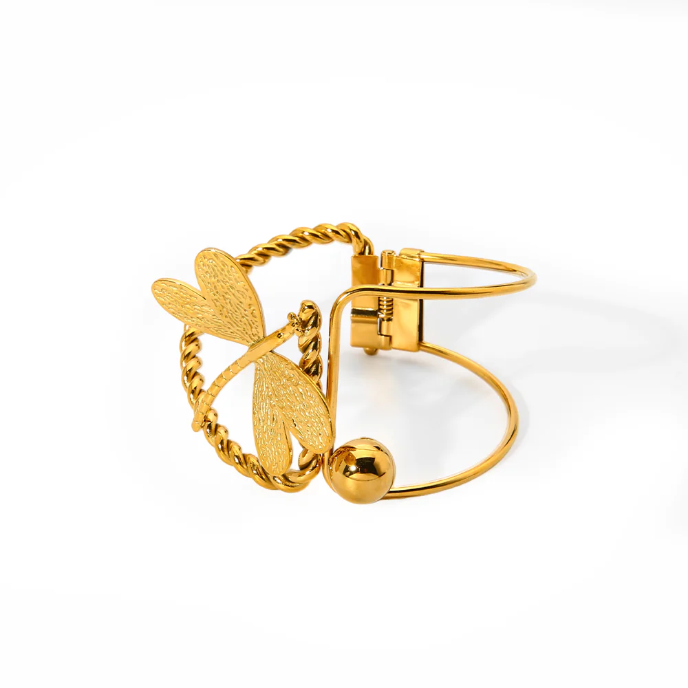 18K Gold-Plated Waterproof Stainless Steel Bangle, Irregular Hollow Dragonfly Bracelet Elegant Niche Jewelry for Women