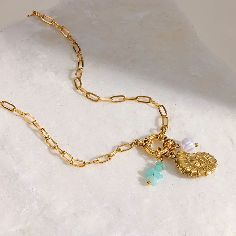 18K Gold Plated Stainless Steel Conch Natural Stone Pendant Necklace Waterproof Vacation Style - Image 2