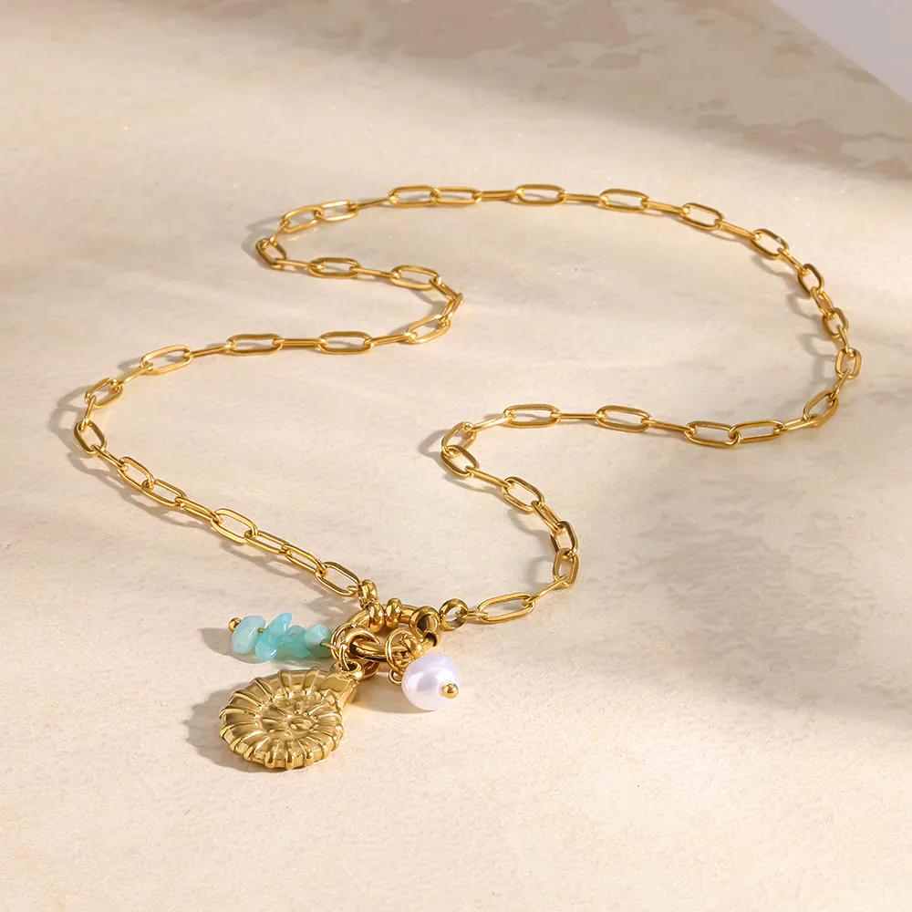 18K Gold Plated Stainless Steel Conch Natural Stone Pendant Necklace Waterproof Vacation Style - Image 3