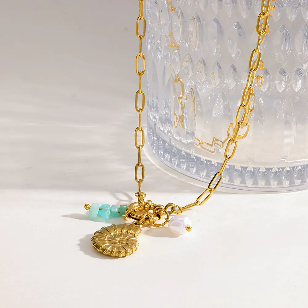 18K Gold Plated Stainless Steel Conch Natural Stone Pendant Necklace Waterproof Vacation Style - Image 4