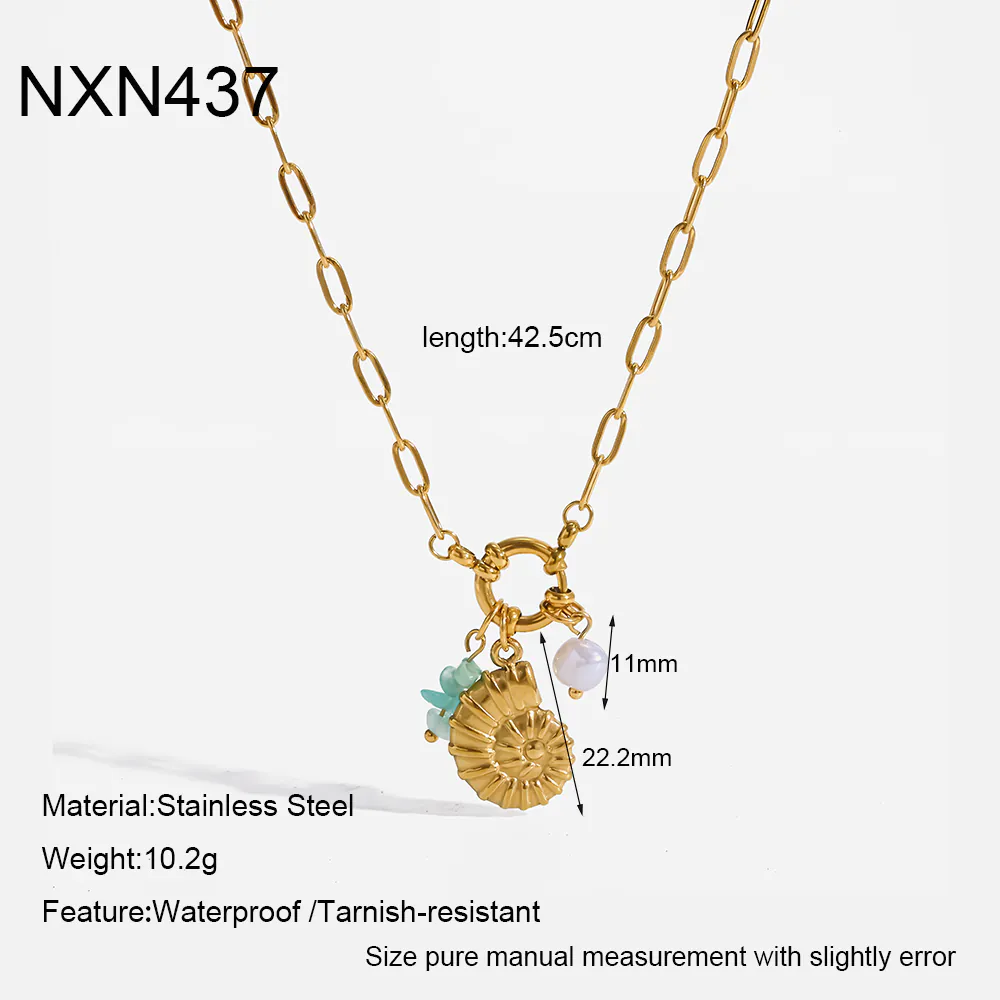 18K Gold Plated Stainless Steel Conch Natural Stone Pendant Necklace Waterproof Vacation Style - Image 5