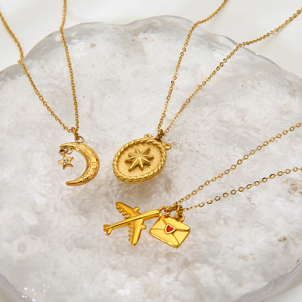 18K Gold-Plated Waterproof Stainless Steel Necklace, Moon Star Airplane Love Envelope Pendant Necklace INS Dainty Women Fashion Jewelry - Image 2