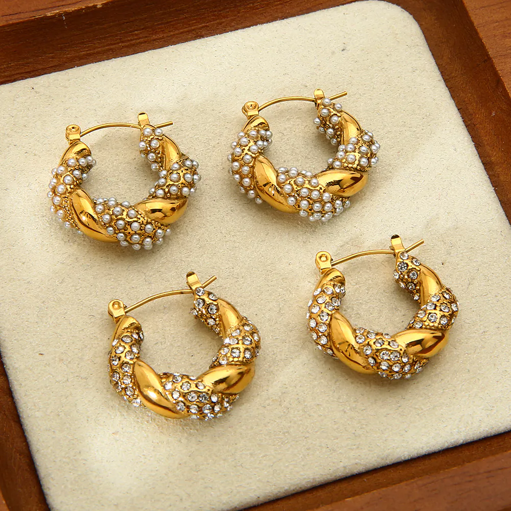 18K Gold-Plated Waterproof Stainless Steel Twisted Hoop Huggie Earrings INS Rhinestone & Imitation Pearl Braided Ear Buckles For Women Luxury Elegant Jewelry - Image 2