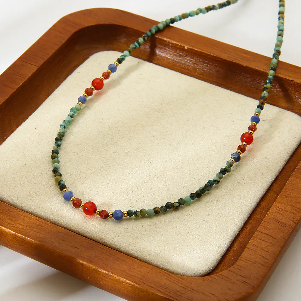 18K Gold Plated Stainless Steel Natural Stone Beaded Collarbone Necklace for Women Vintage High-End Dainty Bead Choker, Minimalist Luxury Niche Daily Jewelry Accessory - Image 2